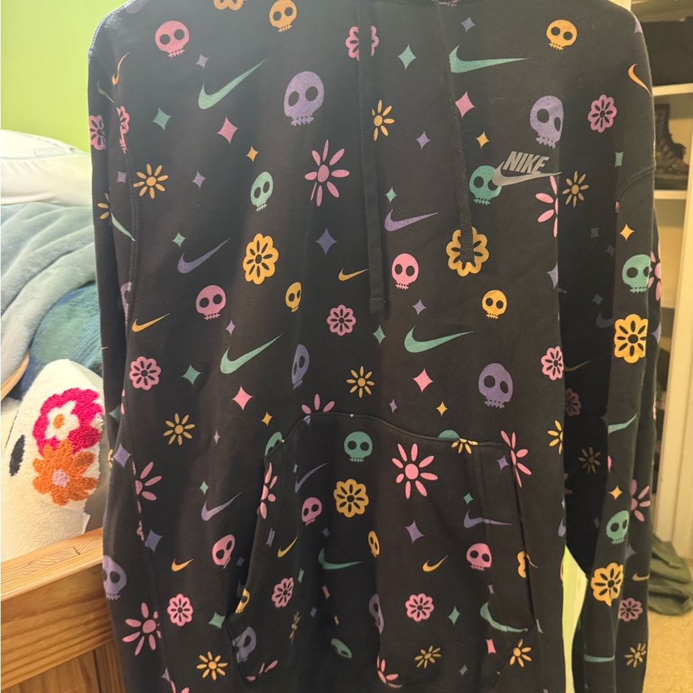 Nike Black Hoodie with Multicolor Skull and Floral Design